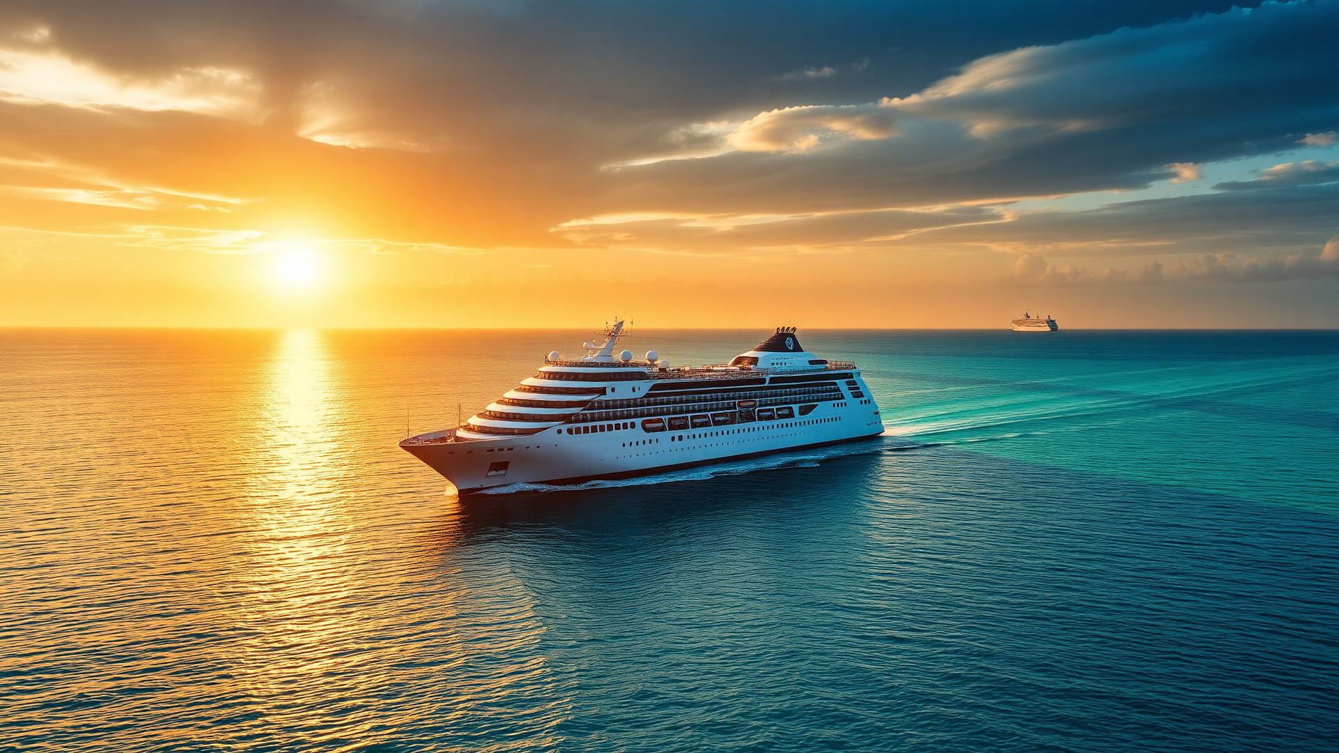 Luxury cruise ship at sunrise on turquoise ocean